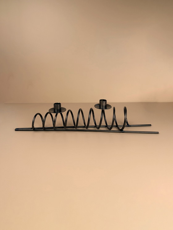 Image 1 of Postmodern metal candle holder black spiral zig zag Memphis