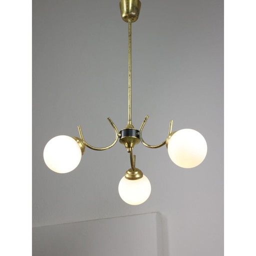 Italian mid-century brass and opaline glass chandelier