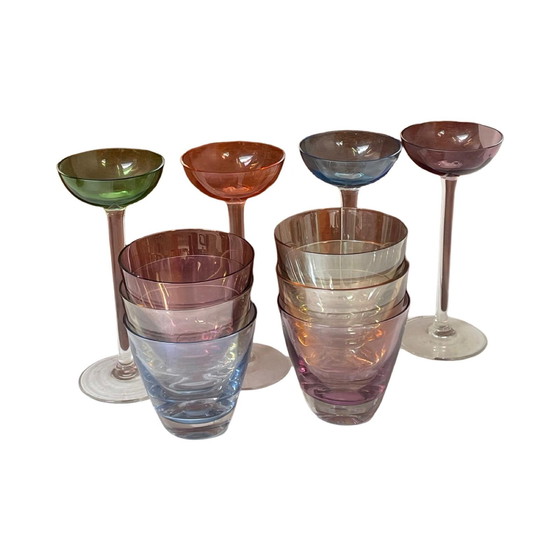 Image 1 of Circa anni '50 - Germania - Set da bar McM - sei bicchieri bassi, 4 bicchieri da shot (schnapps) a stelo lungo e un vassoio 