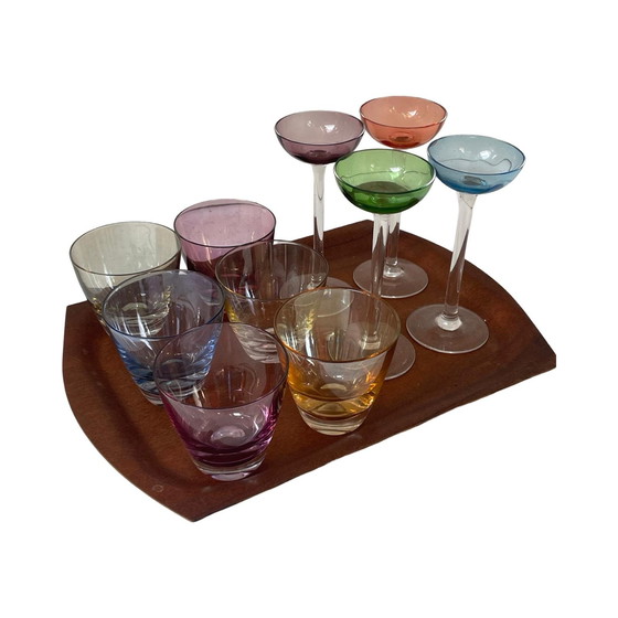 Image 1 of Circa anni '50 - Germania - Set da bar McM - sei bicchieri bassi, 4 bicchieri da shot (schnapps) a stelo lungo e un vassoio 