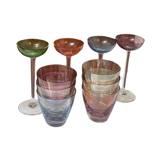 Image 1 of Circa anni '50 - Germania - Set da bar McM - sei bicchieri bassi, 4 bicchieri da shot (schnapps) a stelo lungo e un vassoio 