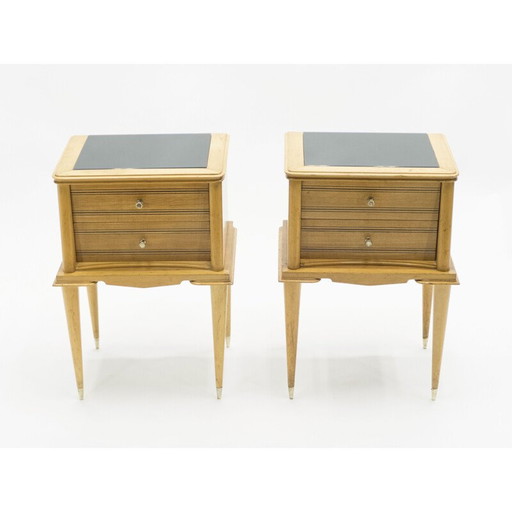 Pair of vintage sycamore bedside tables, brass by Suzanne Guiguichon, 1950
