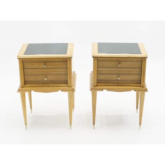 Image 1 of Coppia di comodini vintage in sicomoro, ottone di Suzanne Guiguichon, 1950