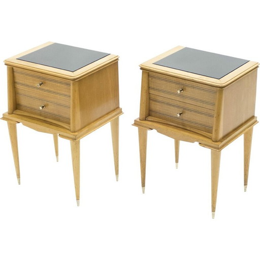 Pair of vintage sycamore bedside tables, brass by Suzanne Guiguichon, 1950