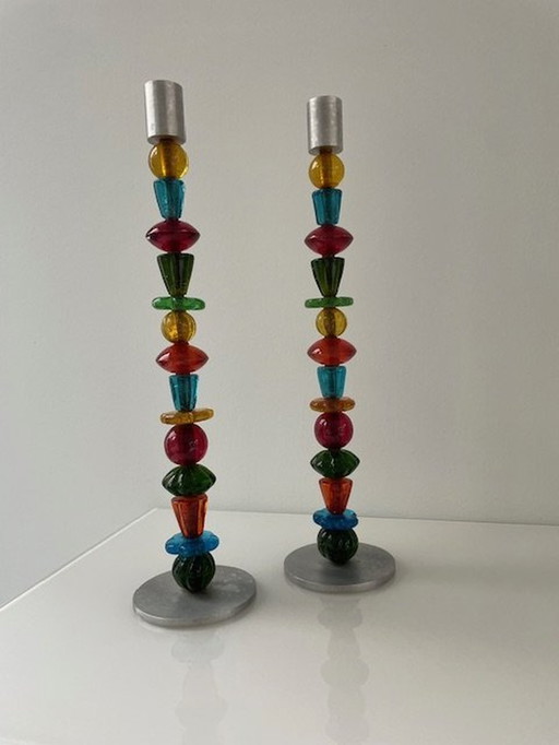 2X Rare Multicolored Design Candlesticks Räder Germany 41Cm High