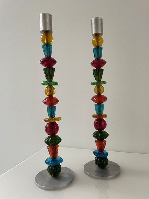 2X Rare Multicolored Design Candlesticks Räder Germany 41Cm High