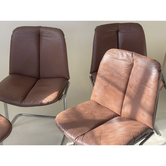 Image 1 of Set of 4 vintage chocolate brown leather and chrome chairs by Tim Bates for Pieff, 1970
