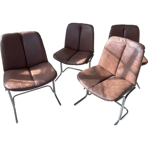 Set of 4 vintage chocolate brown leather and chrome chairs by Tim Bates for Pieff, 1970