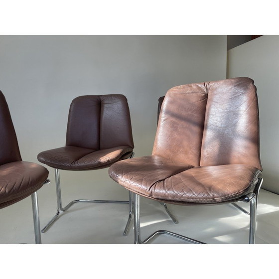 Image 1 of Set of 4 vintage chocolate brown leather and chrome chairs by Tim Bates for Pieff, 1970