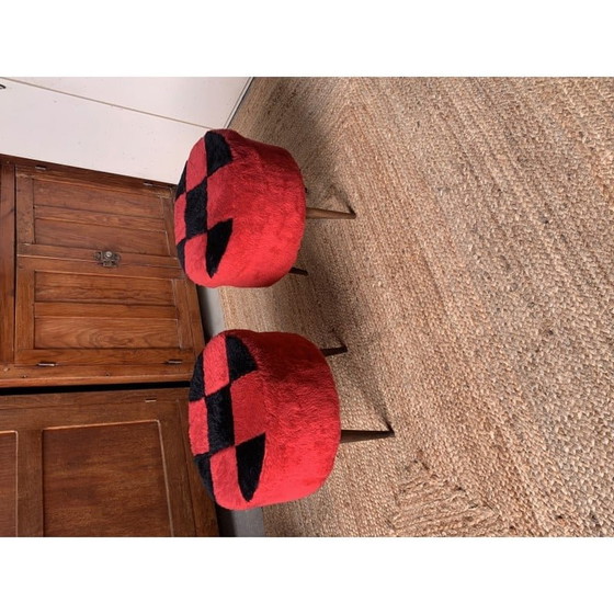 Image 1 of Pair of vintage wood and fabric poufs with red and black checkerboard pattern
