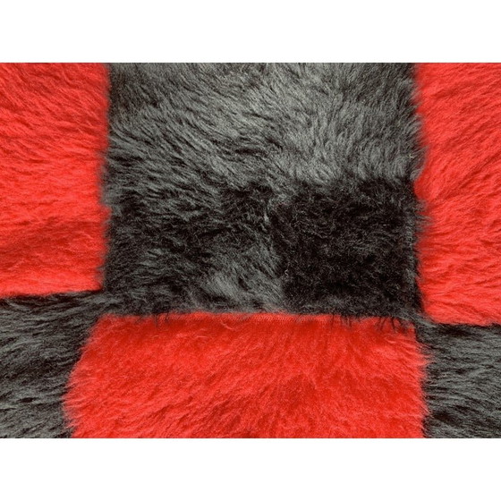 Image 1 of Pair of vintage wood and fabric poufs with red and black checkerboard pattern