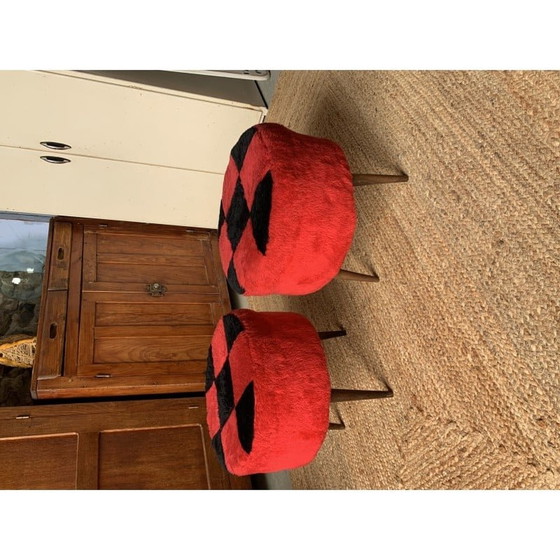 Image 1 of Pair of vintage wood and fabric poufs with red and black checkerboard pattern