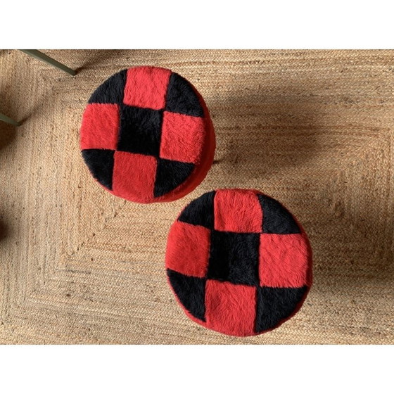 Image 1 of Pair of vintage wood and fabric poufs with red and black checkerboard pattern