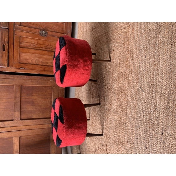 Image 1 of Pair of vintage wood and fabric poufs with red and black checkerboard pattern