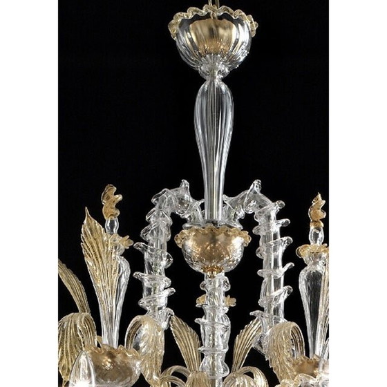 Image 1 of Contemporary Ca' Rezzonico Transparent And Gold Murano Glass Chandelier With Flowers And Leaves