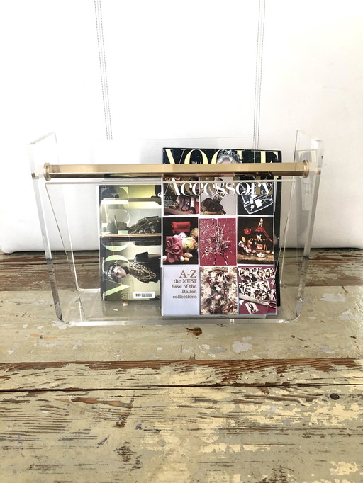 Vintage Plexiglass + Brass Magazine Rack David Lange