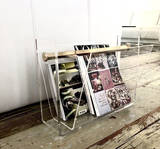 Image 1 of Vintage Plexiglass + Brass Magazine Rack David Lange