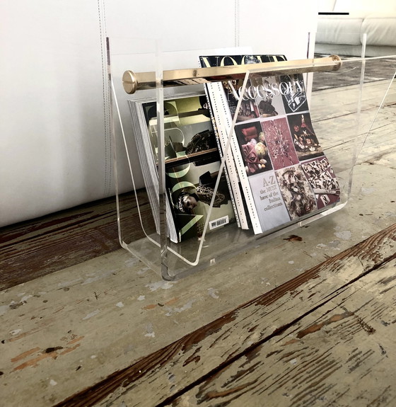 Image 1 of Vintage Plexiglass + Brass Magazine Rack David Lange