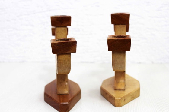 Image 1 of Pair of Anthroposophical Candlesticks in Wood, 1950s