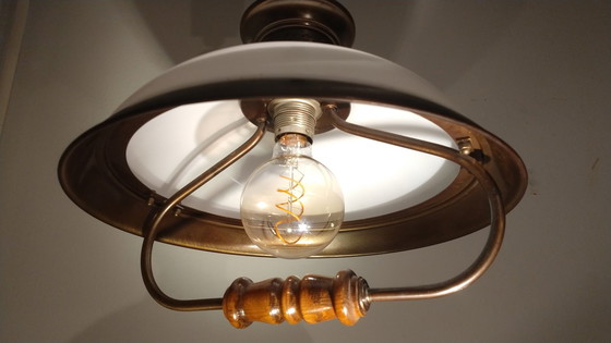 Image 1 of Lampada a sospensione vintage / Lampada da nave in rame, vetro e legno