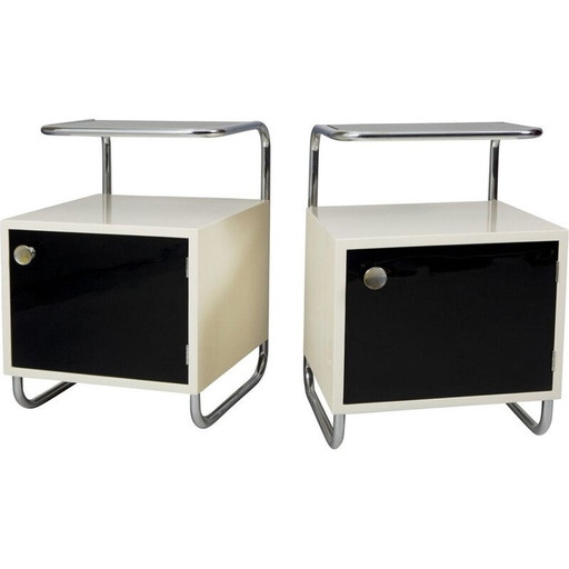 Pair of vintage black and white bedside tables, Czechoslovakia 1940