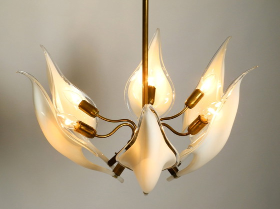 Image 1 of Beautiful Large 1950S Brass Chandelier With White And Transparent Murano Glasses By Franco Luce | Made In Italy