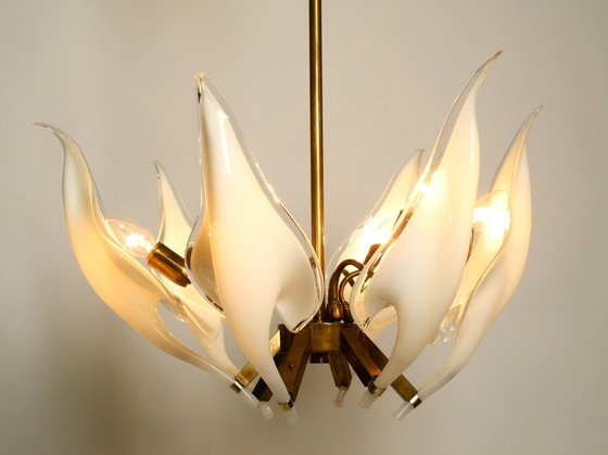 Image 1 of Beautiful Large 1950S Brass Chandelier With White And Transparent Murano Glasses By Franco Luce | Made In Italy