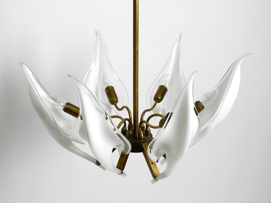 Image 1 of Beautiful Large 1950S Brass Chandelier With White And Transparent Murano Glasses By Franco Luce | Made In Italy
