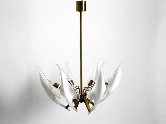 Image 1 of Beautiful Large 1950S Brass Chandelier With White And Transparent Murano Glasses By Franco Luce | Made In Italy