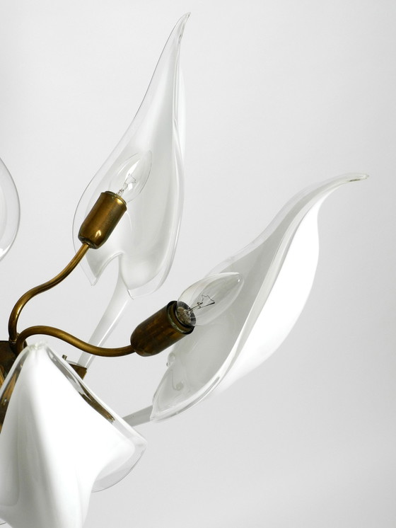 Image 1 of Beautiful Large 1950S Brass Chandelier With White And Transparent Murano Glasses By Franco Luce | Made In Italy
