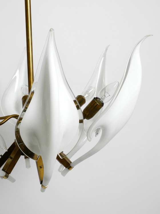 Image 1 of Beautiful Large 1950S Brass Chandelier With White And Transparent Murano Glasses By Franco Luce | Made In Italy
