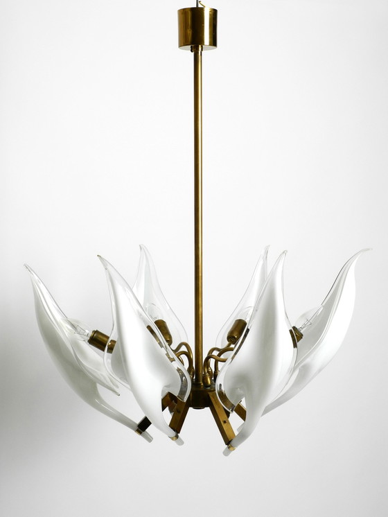 Image 1 of Beautiful Large 1950S Brass Chandelier With White And Transparent Murano Glasses By Franco Luce | Made In Italy