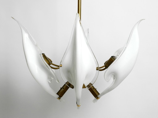 Beautiful Large 1950S Brass Chandelier With White And Transparent Murano Glasses By Franco Luce | Made In Italy