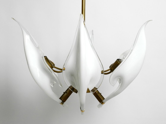 Image 1 of Beautiful Large 1950S Brass Chandelier With White And Transparent Murano Glasses By Franco Luce | Made In Italy