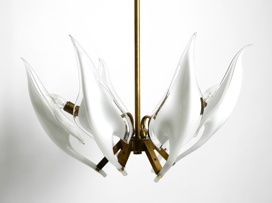 Image 1 of Beautiful Large 1950S Brass Chandelier With White And Transparent Murano Glasses By Franco Luce | Made In Italy