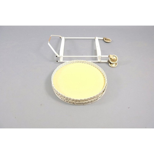 Vintage tea trolley in rattan and white metal, Germany 1960