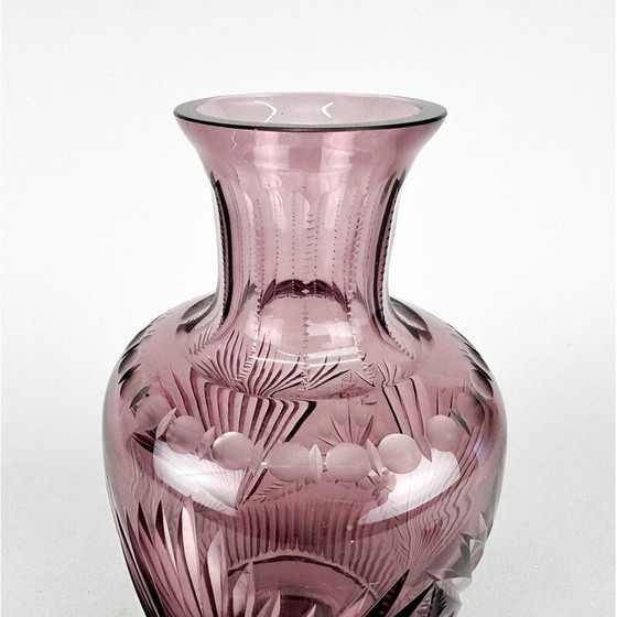 Image 1 of Bohemian vintage hand cut glass vase, 1970s