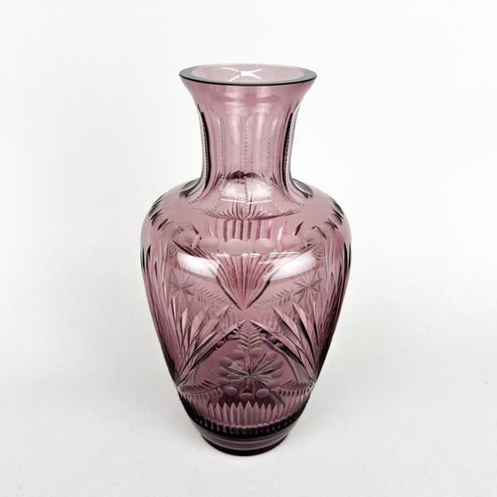 Image 1 of Bohemian vintage hand cut glass vase, 1970s