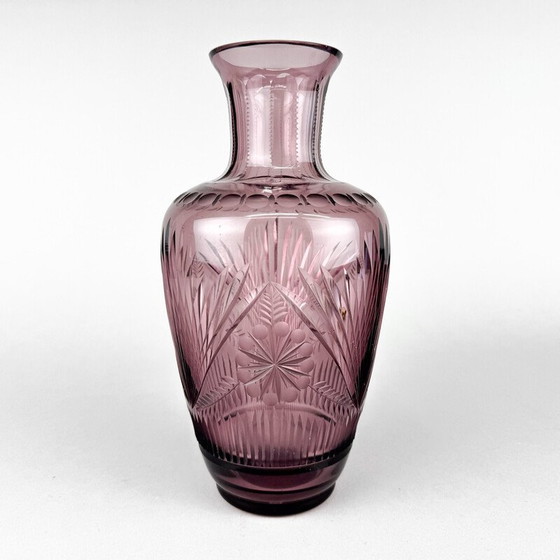 Image 1 of Bohemian vintage hand cut glass vase, 1970s