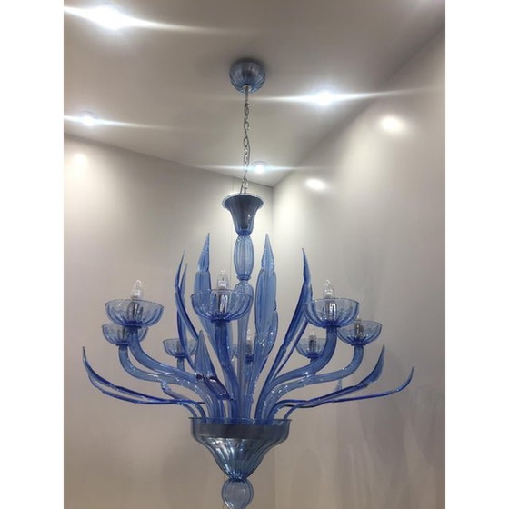 Image 1 of Murano Glass Bluino Italian Leaves Chandelier In Style Murano Glass