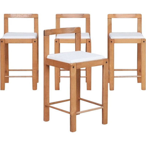 Set of 4 mid-century French wooden bar stools, 1960s