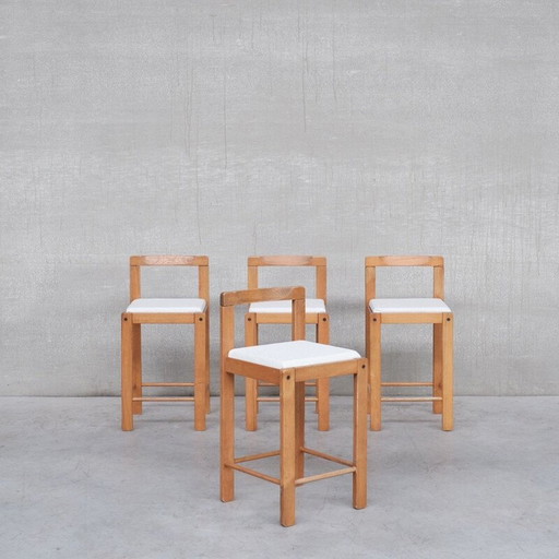 Set of 4 mid-century French wooden bar stools, 1960s