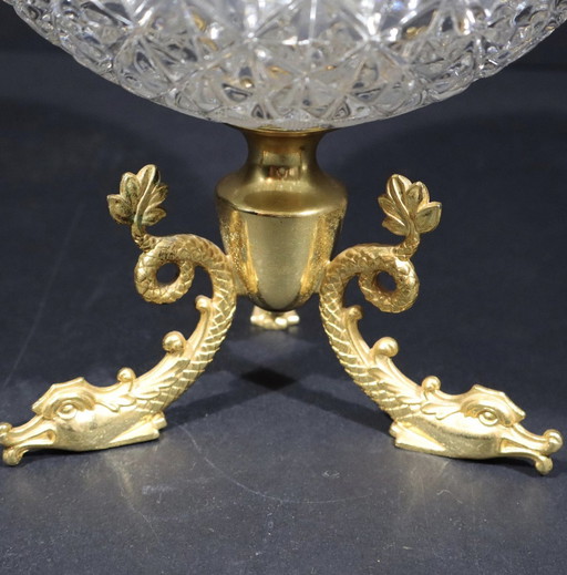 Moulded And Cut Crystal Liqueur Or Vodka Cellar Shaped With A Sphere Mounted On A Base Decorated With 3 Gilded Brass Dolphins