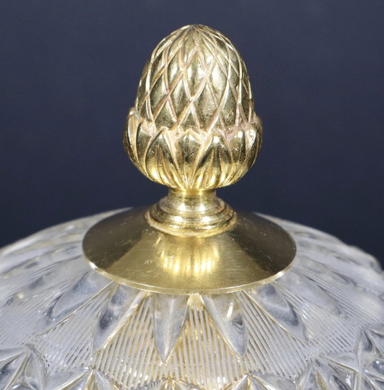 Image 1 of Moulded And Cut Crystal Liqueur Or Vodka Cellar Shaped With A Sphere Mounted On A Base Decorated With 3 Gilded Brass Dolphins