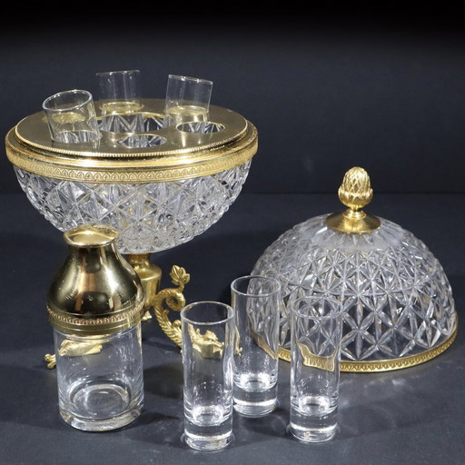 Moulded And Cut Crystal Liqueur Or Vodka Cellar Shaped With A Sphere Mounted On A Base Decorated With 3 Gilded Brass Dolphins