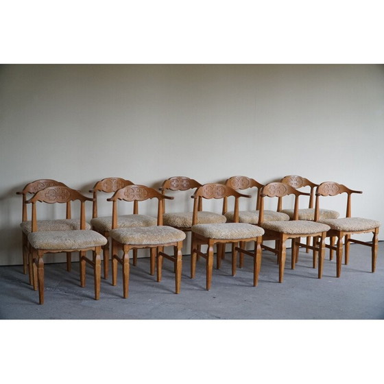 Image 1 of Set of 10 vintage dining chairs in oakwood and reupholstered in lambswool by Henning Kjærnulf, 1960s