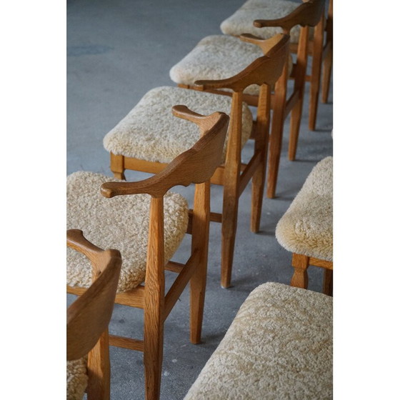 Image 1 of Set of 10 vintage dining chairs in oakwood and reupholstered in lambswool by Henning Kjærnulf, 1960s