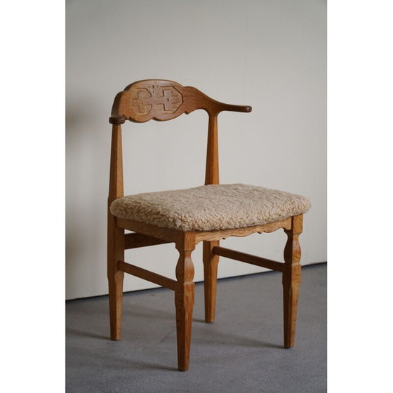 Image 1 of Set of 10 vintage dining chairs in oakwood and reupholstered in lambswool by Henning Kjærnulf, 1960s