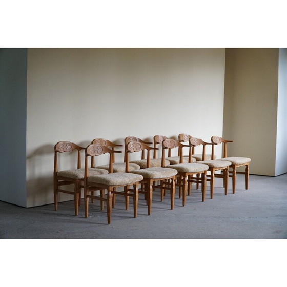 Image 1 of Set of 10 vintage dining chairs in oakwood and reupholstered in lambswool by Henning Kjærnulf, 1960s