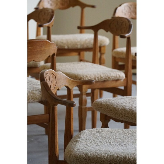 Image 1 of Set of 10 vintage dining chairs in oakwood and reupholstered in lambswool by Henning Kjærnulf, 1960s